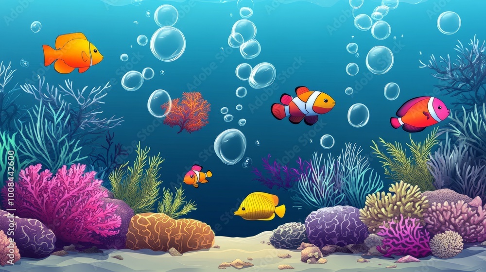 Naklejka premium Colorful fish swim among coral reefs and bubbles in a blue ocean.