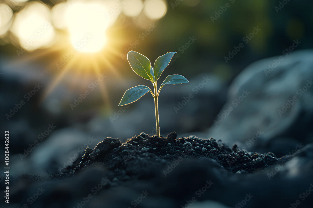 Young Plant Sprouting with Sun Flare: Symbol of Growth and Renewal Young Plant Sprouting with Sun Flare: Symbol of Growth and Renewal