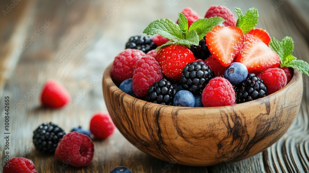 Close-up of a wooden bowl packed with strawberries, raspberries, blackberries, and blueberries, with mint sprigs for garnish, on a rustic wooden table. Close-up of a wooden bowl packed with strawberries, raspberries, blackberries, and blueberries, with mint sprigs for garnish, on a rustic wooden table.
