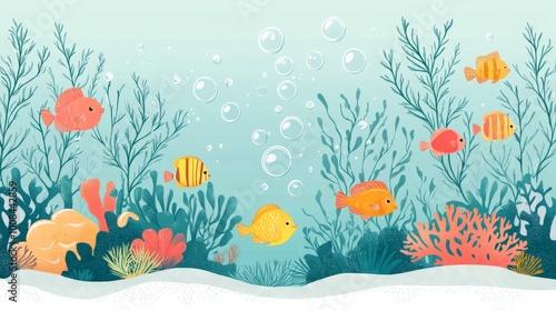 Colorful fish swim amongst coral and seaweed in a light blue ocean.