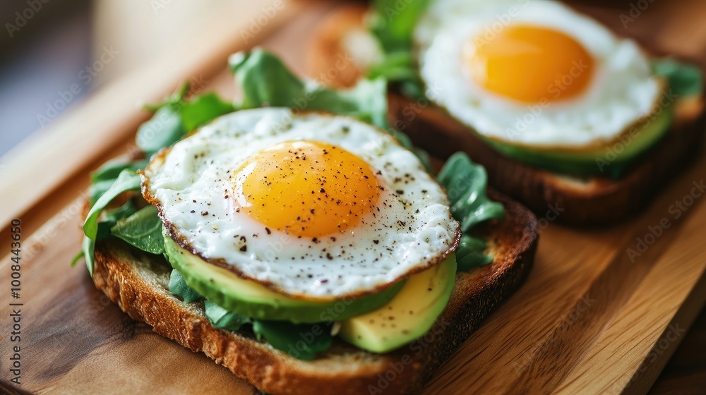 Close-up of toasted bread topped with fried eggs, avocado slices, and leafy greens on a wooden serving board. A healthy morning meal.