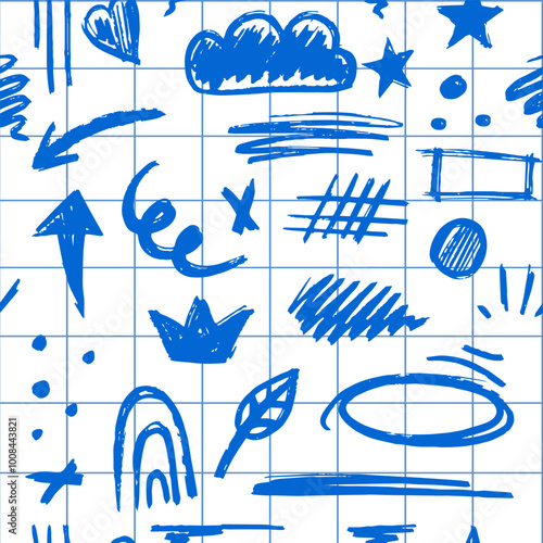 Hand-drawn blue pencil  brush seamless pattern on checkered background,  chalk stroke for highlighting. Vector illustration in children's style. Crayon brush colored scribble, square, spiral, arrow.