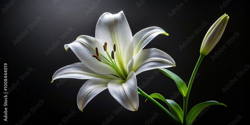 An exquisite white lily stands out against a deep black background, emphasizing its stunning petals and elegance, ideal An exquisite white lily stands out against a deep black background, emphasizing its stunning petals and elegance, ideal