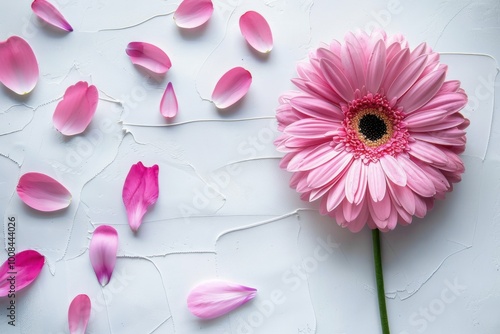 Simple flat lay with a pink flower and petals arranged on a white surface,