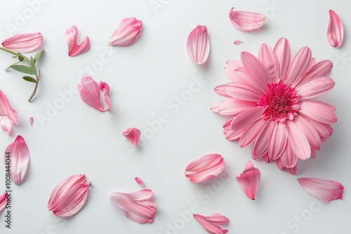 Simple flat lay with a pink flower and petals arranged on a white surface,