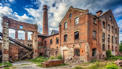 A crumbling brick structure with a towering chimney, a testament to an era of industry now faded and forgotten, whispering tales of hard work and lost dreams.