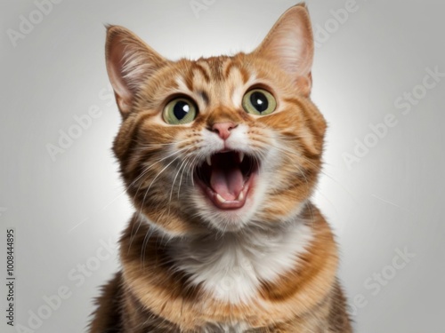 A meowing surprised cat isolated on a transparent background in png format, with a funny and excited expression on his face