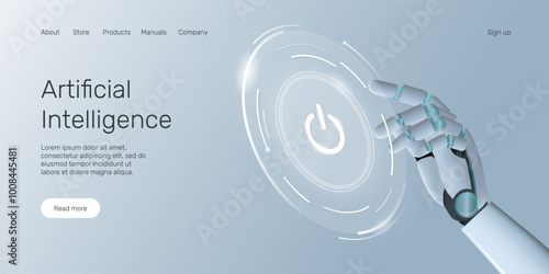 Web banner with robot hand pressing power button, technology, machine learning, neural network, Artificial Intelligence (AI) landing page concept.
