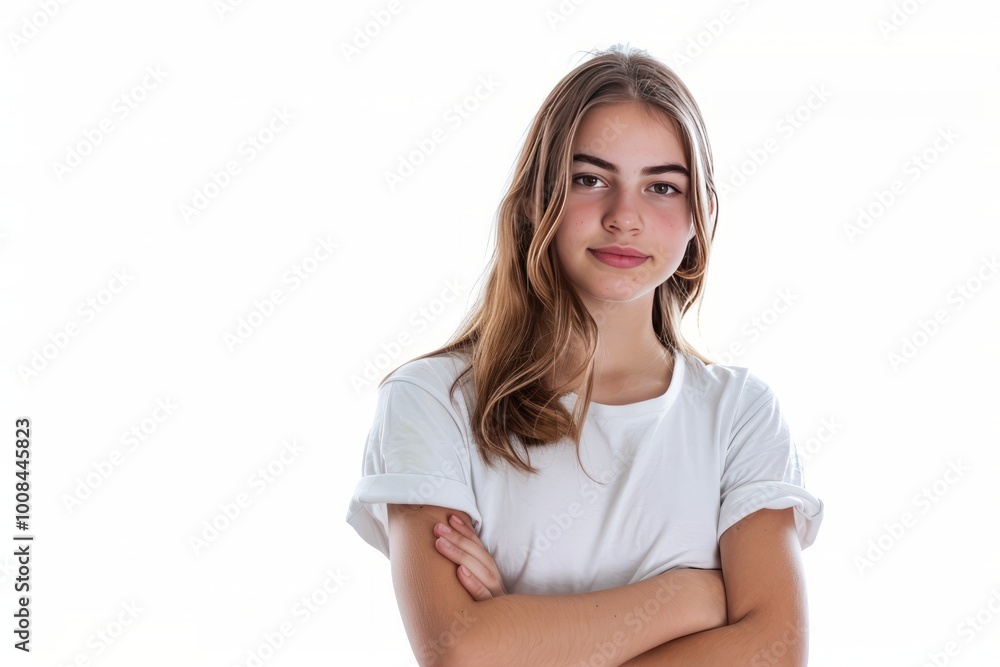 Confident young female with folded arms, isolated on a white background , background blur Confident young female with folded arms, isolated on a white background , background blur