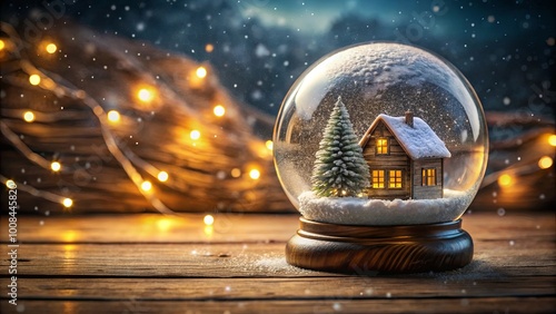 A miniature house nestled within a snow globe, illuminated by soft lights, evoking a cozy and enchanting winter wonderland. photo