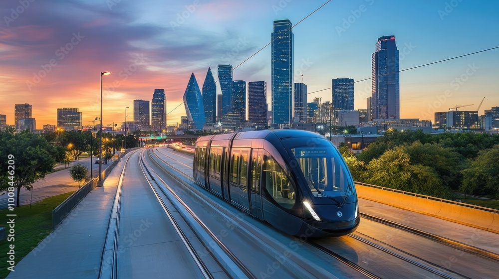 Dallas tram on an elevated highway, passing in front of the towering downtown skyline, as the city transitions into dusk with the buildings illuminated by sunset. Dallas tram on an elevated highway, passing in front of the towering downtown skyline, as the city transitions into dusk with the buildings illuminated by sunset.
