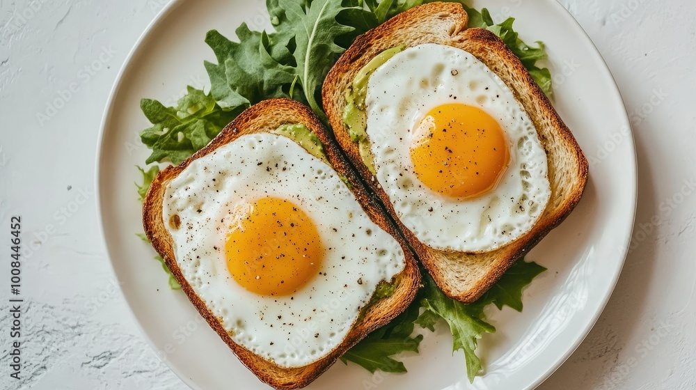 Delicious toast with fried eggs, mashed avocado, and fresh greens, arranged on a white plate for a balanced, healthy breakfast. Delicious toast with fried eggs, mashed avocado, and fresh greens, arranged on a white plate for a balanced, healthy breakfast.