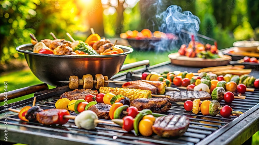 A Summertime Feast of Grilled Delights, Featuring Skewers of Succulent Meats, Fresh Vegetables, and a Smoky Aroma that Entices the Senses A Summertime Feast of Grilled Delights, Featuring Skewers of Succulent Meats, Fresh Vegetables, and a Smoky Aroma that Entices the Senses
