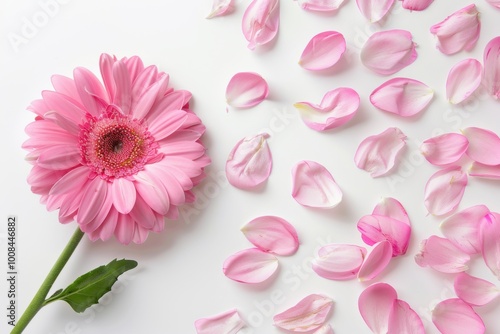 Vibrant pink gerbera daisy accompanied by delicate petals on a clean background, showcasing the beauty of floral photography and nature-inspired design.






