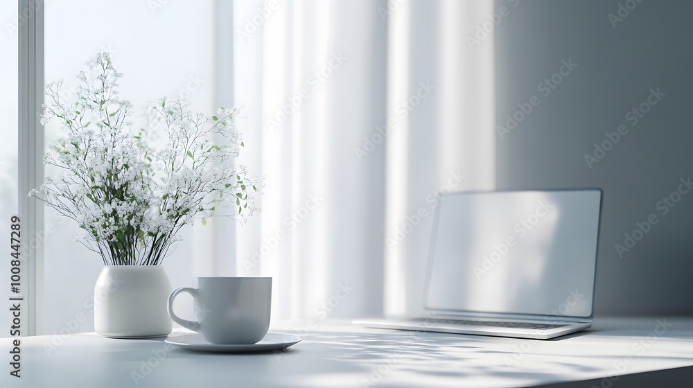 A serene workspace featuring a laptop, coffee cup, and flowers. A serene workspace featuring a laptop, coffee cup, and flowers.