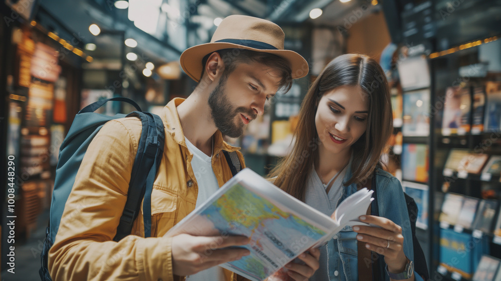 People tourists choose direction of journey on the map. Man and woman looking at map, planning travel, choose excursions, tours. People tourists choose direction of journey on the map. Man and woman looking at map, planning travel, choose excursions, tours.