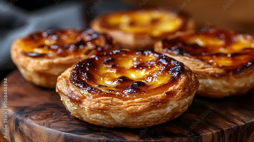 Photo of Delicious Portuguese Custard Tarts on Wooden Board Photo of Delicious Portuguese Custard Tarts on Wooden Board