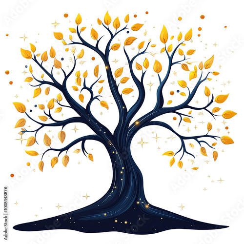 Colorful artistic tree design with golden leaves vibrant magical style transparent background
