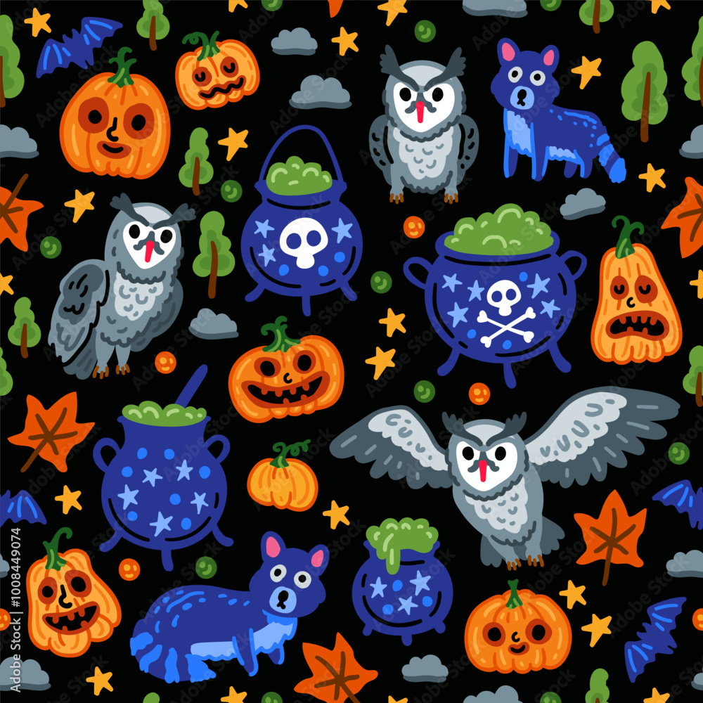 Halloween childish pumpkin background with owl, cat and bat seamless pattern. Children witch background with magical things Halloween childish pumpkin background with owl, cat and bat seamless pattern. Children witch background with magical things