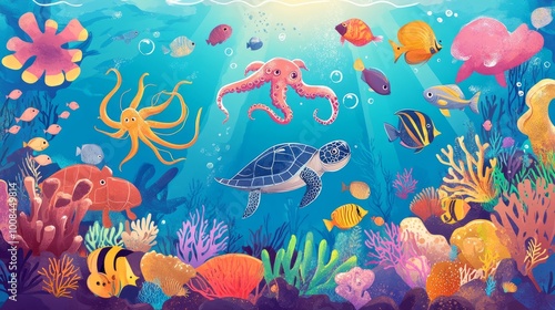 Colorful underwater scene with fish, coral, sea turtle, octopus, and sea anemones.