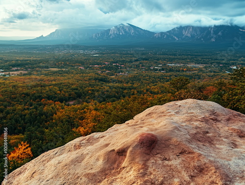 Backdrop or background for product photography Photo of the view from atop a massive,, overlooking a forest with distant mountains ,  autumn