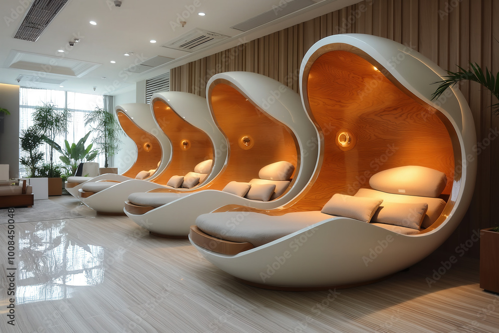 Modern futuristic office interior featuring cozy designed lounging pods Modern futuristic office interior featuring cozy designed lounging pods