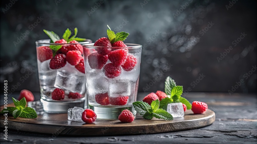 Refreshing summer beverage with raspberries and mint in glasses filled with ice on wooden board Refreshing summer beverage with raspberries and mint in glasses filled with ice on wooden board