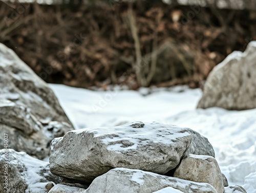 background for product photography for a brand. Stone to place your product in the foreground, snow-covered mountains, and forests of mountainous areas in winter behind it