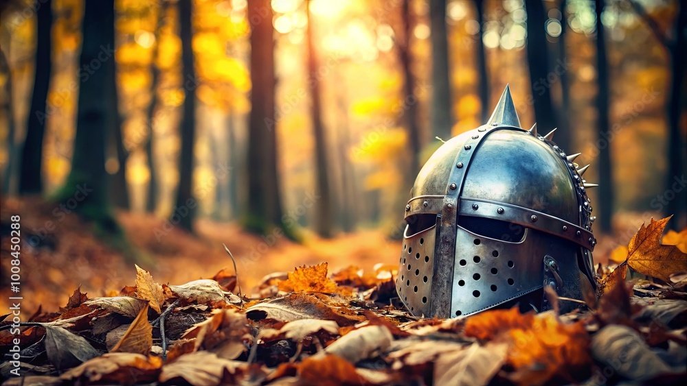 A forgotten warrior's helmet lies hidden among fallen autumn leaves, its metal sheen reflecting the warm glow of the forest sun. A forgotten warrior's helmet lies hidden among fallen autumn leaves, its metal sheen reflecting the warm glow of the forest sun.