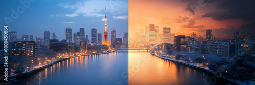 Tokyo Day and Night Winter Cityscape Illustration