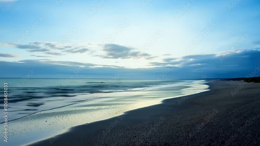 Beach with fast-moving clouds and shifting tides from morning to evening Beach with fast-moving clouds and shifting tides from morning to evening