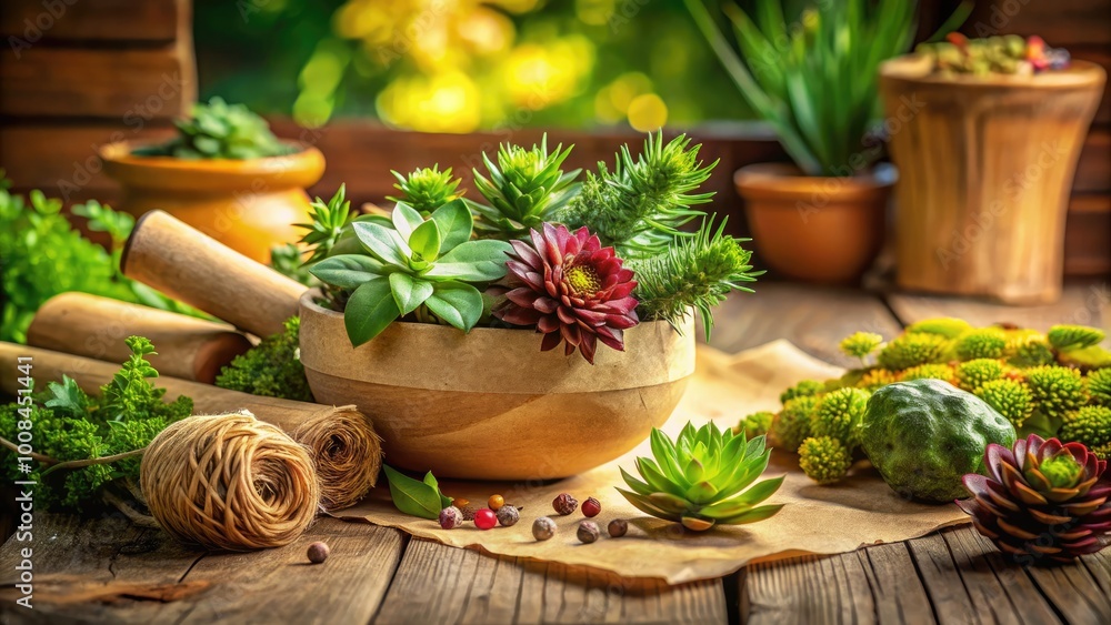 Incorporating healing herbs and houseleek against a paper backdrop emphasizes nature's role in wellness, illustrating the benefits of these natural remedies for holistic health and healing. Incorporating healing herbs and houseleek against a paper backdrop emphasizes nature's role in wellness, illustrating the benefits of these natural remedies for holistic health and healing.