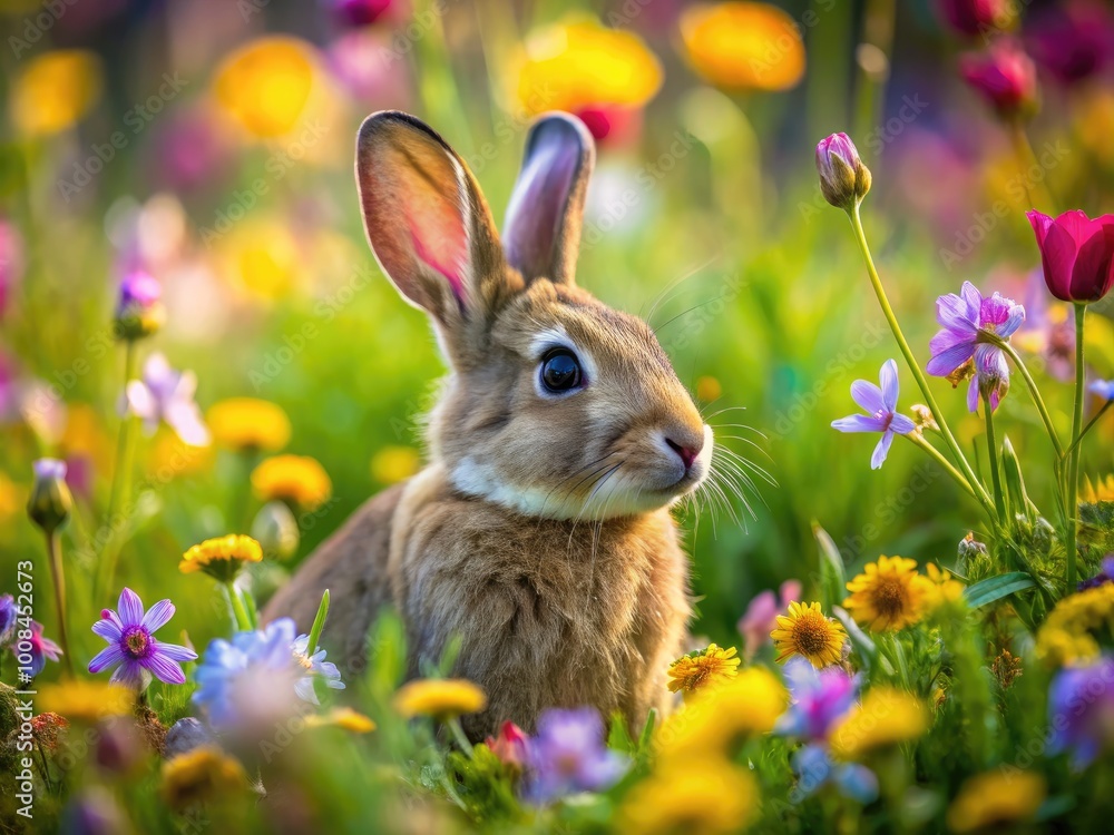 Obraz premium Cute rabbit resting peacefully in a lush green meadow surrounded by colorful wildflowers in nature