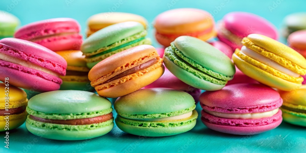 A stunning collection of colorful French macarons sits atop a turquoise pastel background, offering a delightful top A stunning collection of colorful French macarons sits atop a turquoise pastel background, offering a delightful top