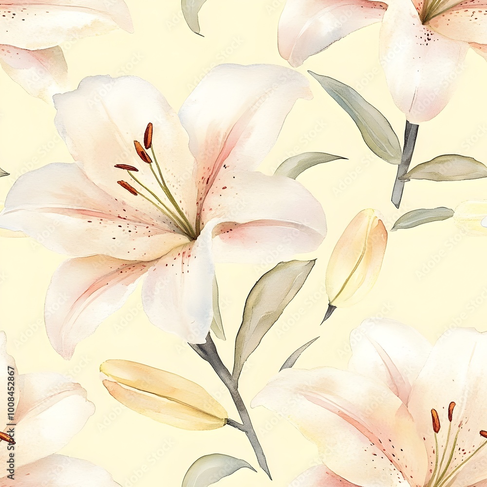 Obraz premium Soft Watercolor Lily Floral Pattern with Pale Pink and White Petals