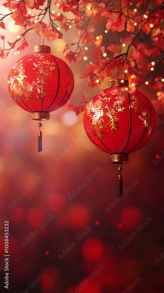 Two red lanterns hanging amidst autumn leaves and soft lighting. Two red lanterns hanging amidst autumn leaves and soft lighting.