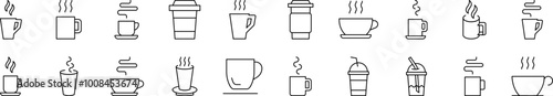 Coffee or Tea Cup Collection of Thin Icons. Editable Stroke. Suitable for Web Sites, Books, Cards, Apps