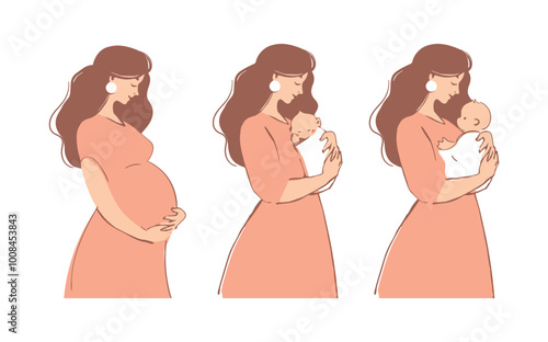 Maternity stages flat icon set. Pregnant woman, mommy hugging a newborn baby, sleeping toddler. Vector isolated on white. Pregnancy character, mother s day card.
