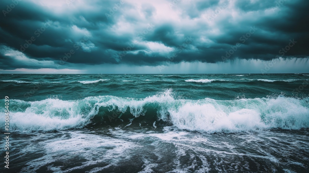 Dramatic stormy seascape with large waves crashing on a sandy shore under a dark, ominous sky. Dramatic stormy seascape with large waves crashing on a sandy shore under a dark, ominous sky.