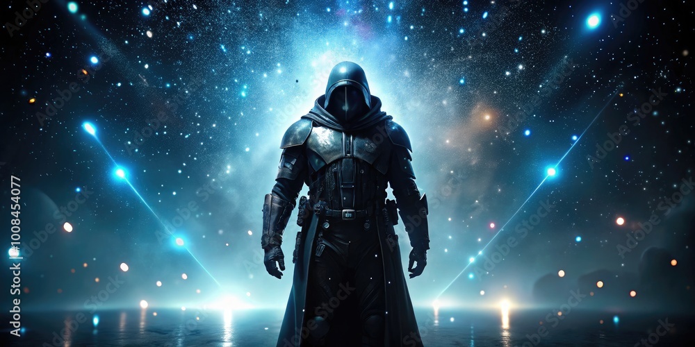 Dark armored figure standing ominously in a futuristic, starry space environment with glowing lights Dark armored figure standing ominously in a futuristic, starry space environment with glowing lights