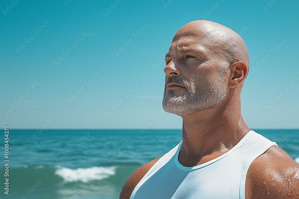 Bald mature man with a gray beard wearing a white tank top standing near the ocean with a serious expression on a sunny day Bald mature man with a gray beard wearing a white tank top standing near the ocean with a serious expression on a sunny day