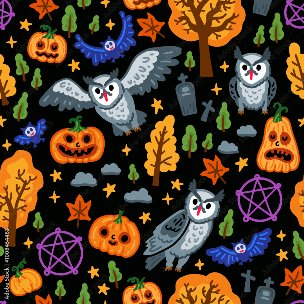 Halloween childish pumpkin background with owl and bat seamless pattern. Children witch background with magical things Halloween childish pumpkin background with owl and bat seamless pattern. Children witch background with magical things
