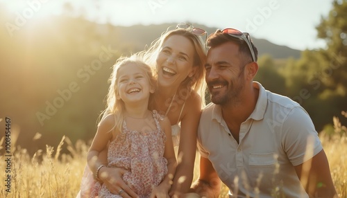 couple, Happy family having fun outdoors and smiling. Mom,dad and daught photo