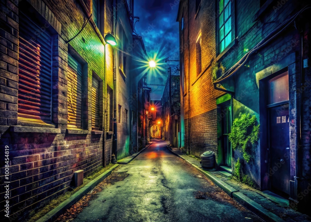 Fototapeta premium Dark Urban Alley at Night with Mysterious Shadows and Gritty Atmosphere for Crime Thriller Themes