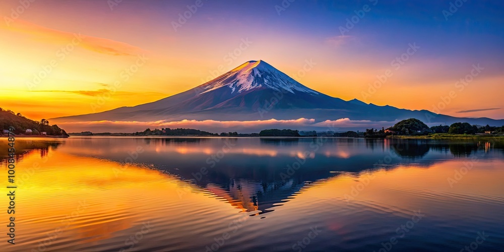 Fototapeta premium Majestic Mount Fuji mirrors perfectly on the calm surface of Lake Suwa, bathed in the gentle glow of tranquil early morning light, creating a serene scene.