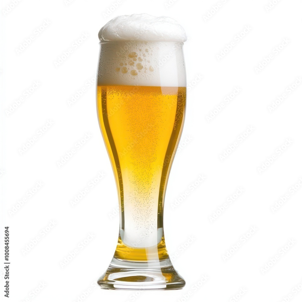 Crisp Golden Beer in Tall Glass with Frothy Head and Condensation Droplets, Isolated on White Background Crisp Golden Beer in Tall Glass with Frothy Head and Condensation Droplets, Isolated on White Background