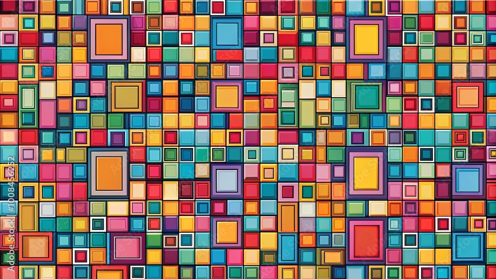 A vibrant tapestry of colorful squares, each with its own unique border, creating a captivating visual rhythm and a sense of depth within a geometric composition. A vibrant tapestry of colorful squares, each with its own unique border, creating a captivating visual rhythm and a sense of depth within a geometric composition.