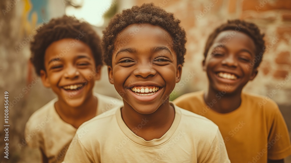 A group of joyfully smiling African-American boys