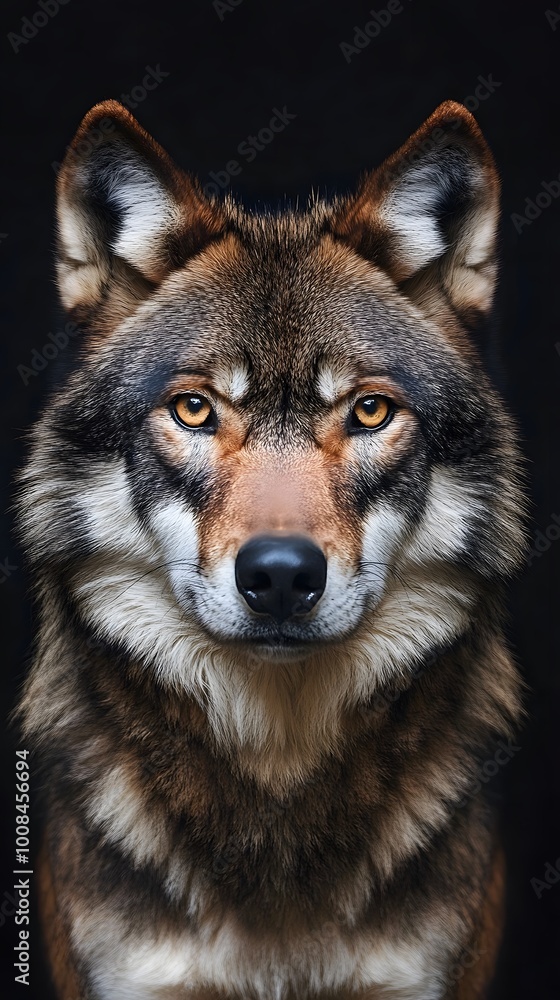 Fototapeta premium Portrait of a wolf, looking at the camera, against a black background