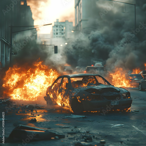 Realistic Illustration of Burning Car in City Ruins